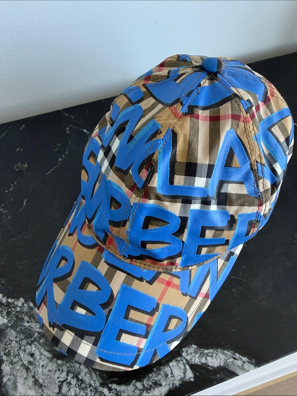 Burberry Tan Check Baseball Cap with Bright Blue Logo